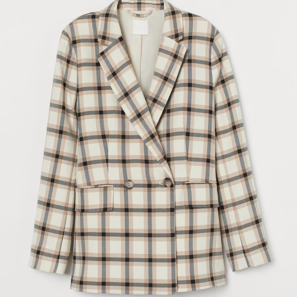H&M Double Breasted Plaid Beige Blazer